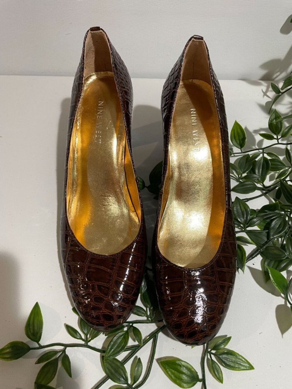 Nine West Brown Crocodile-Embossed Leather Block Heel Pumps Womens Size 7